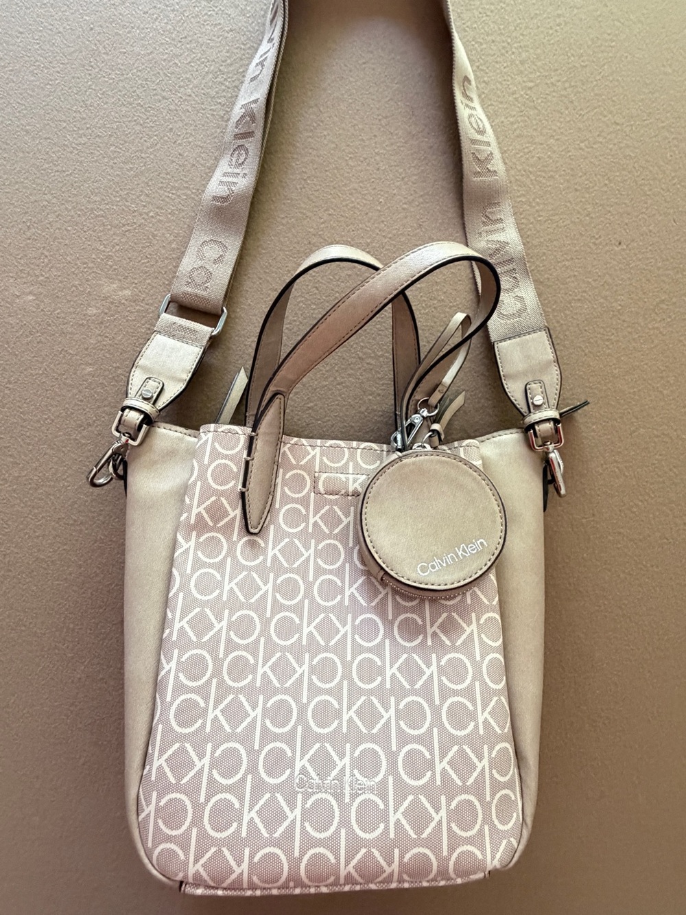 Calvin Klein Beige/Tan Monogram Crossbody with Round Coin Pouch